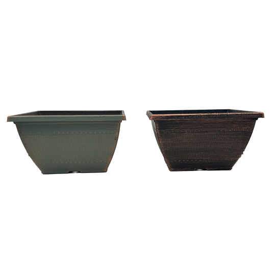 Two Square planters, one is black with bronze brushed and the other is greenish with bronze brushed