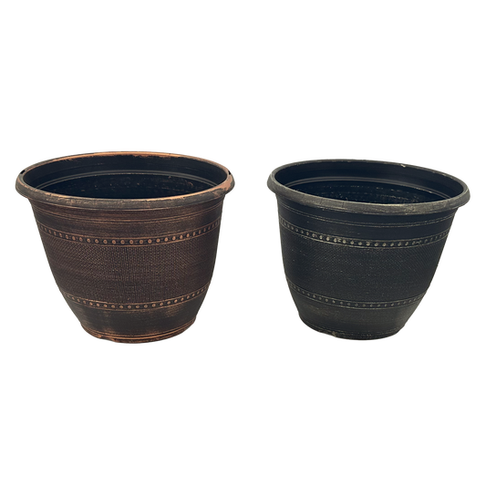 Two black pots, one is copper brushed while the other is Champaign brushed 