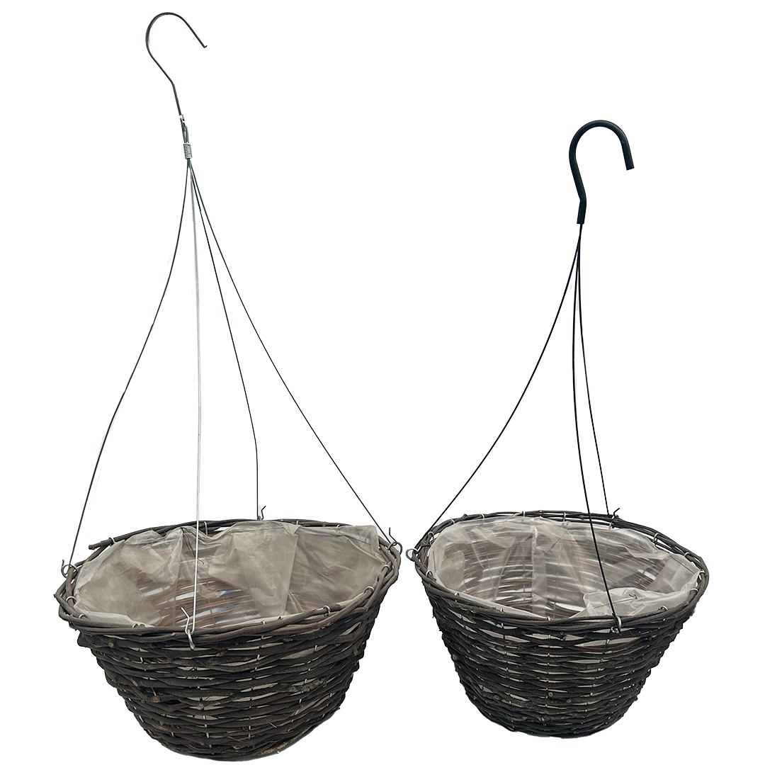 two different sized hanging baskets made from rattan with a poly lining 