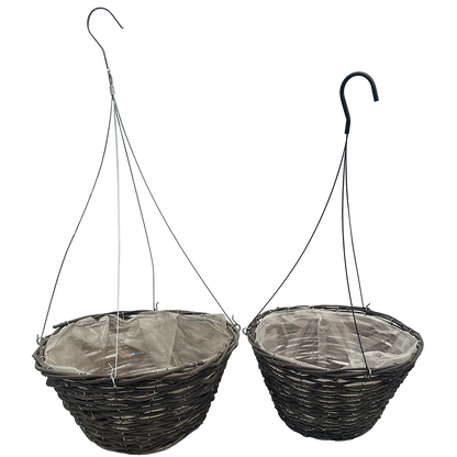 two different sized hanging baskets made from rattan with a poly lining 