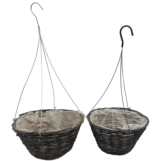 two different sized hanging baskets made from rattan with a poly lining 