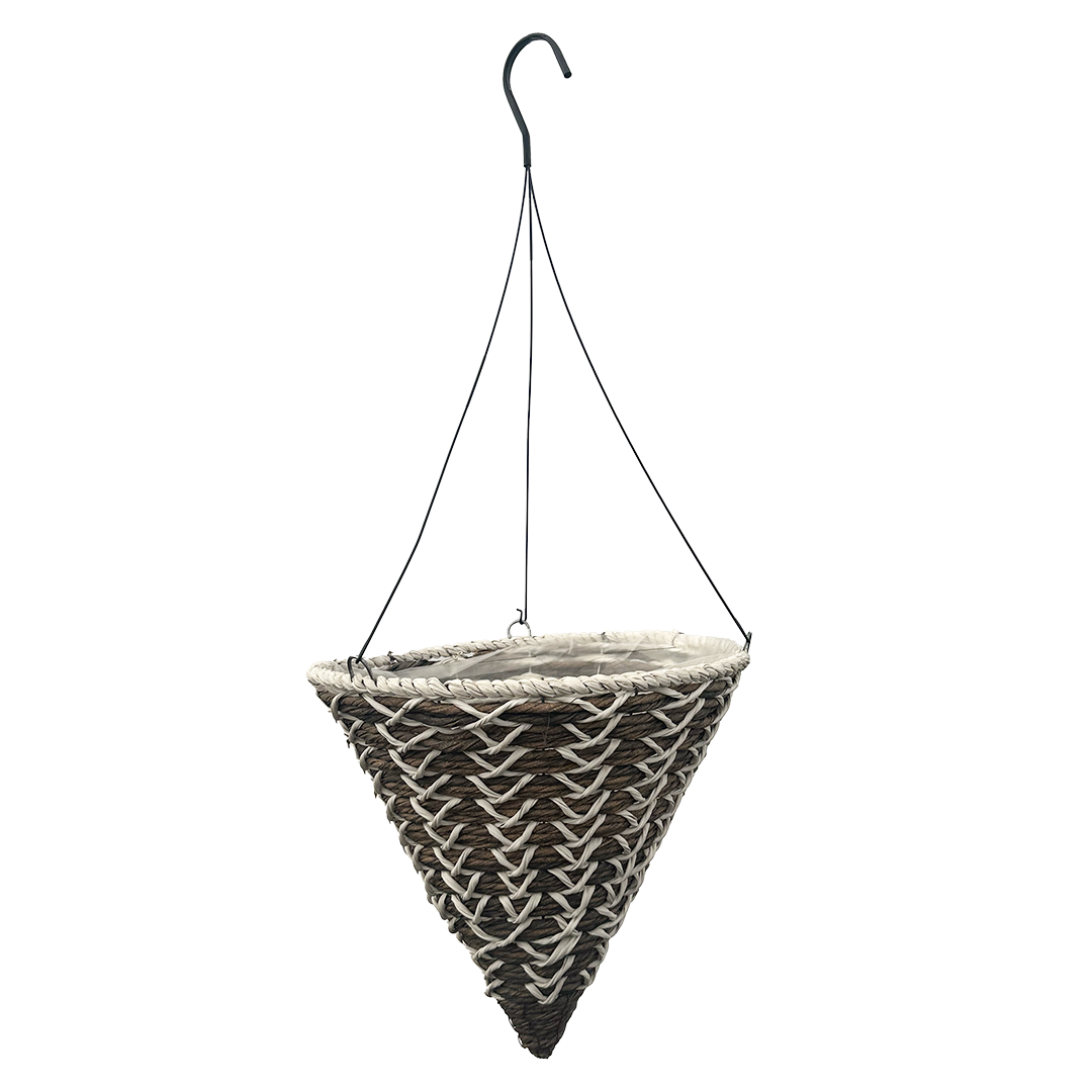 Mostly brown cone hanging basket with light grey X pattern going down the sides 