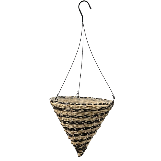 Cone hanging basket with alternating light tan braided bands with twisted light tan and brown ropes 