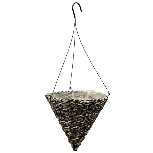 Cone hanging basket with twisted dark brown and tan resin ropes and a heavy duty hanger 