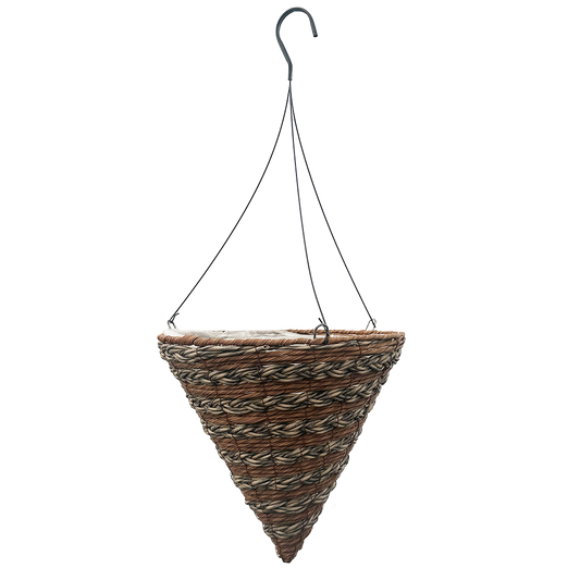 Round hanging cone basket with a solid brown band that goes around to the bottom (Like christmas lights on a tree) and a braided mixed brown band 