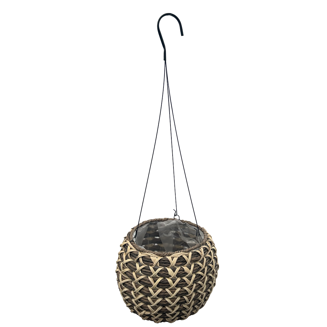 Brown Ball hanging basket with tan X pattern