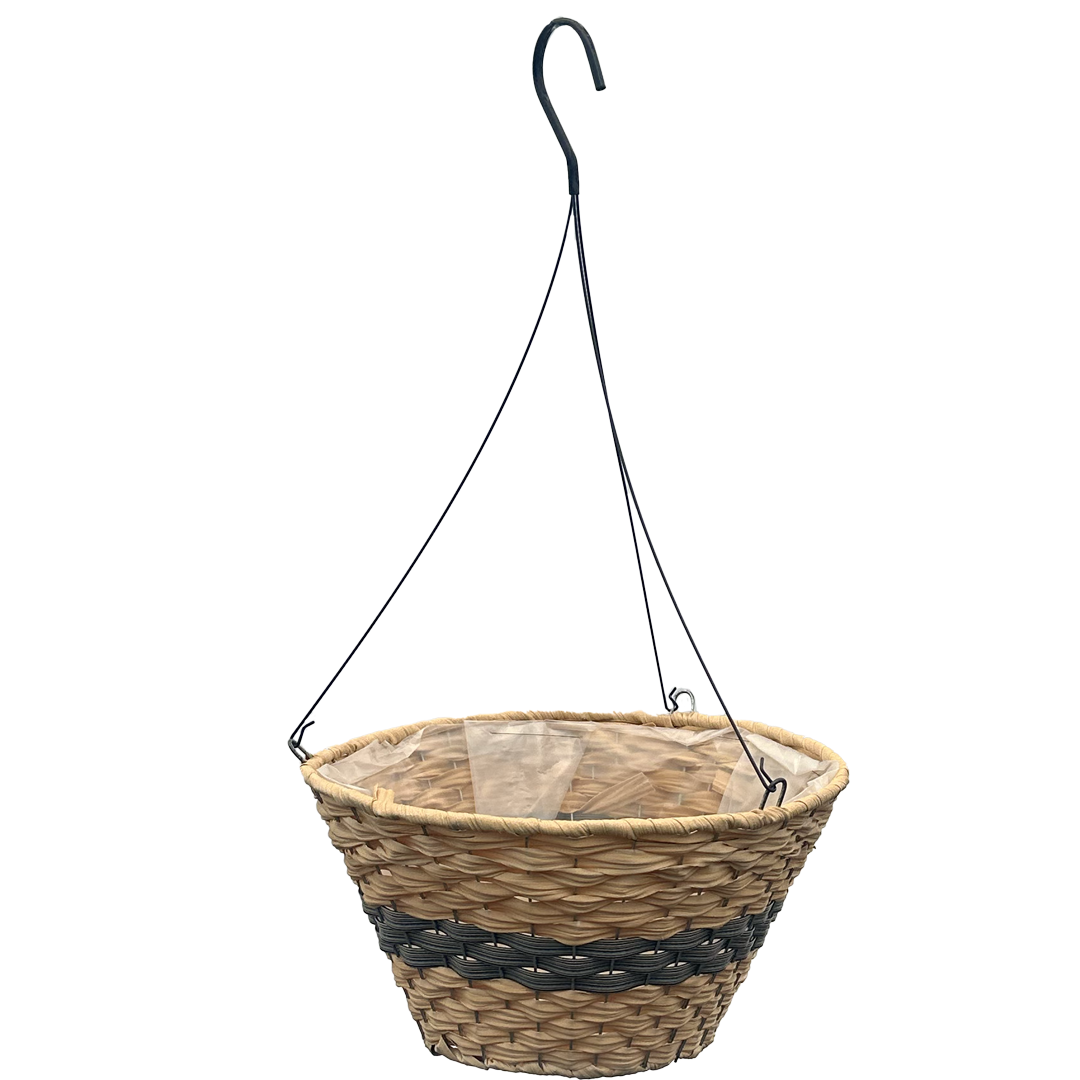 Light tan circular flat bottom basket with a black band that goes across the middle 