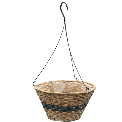 Light tan circular flat bottom basket with a black band that goes across the middle 