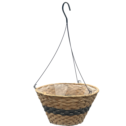 Light tan circular flat bottom basket with a black band that goes across the middle 