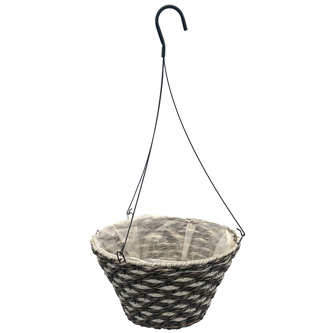 Flat bottom circular basket with interwoven tan and brown mixed resin rope