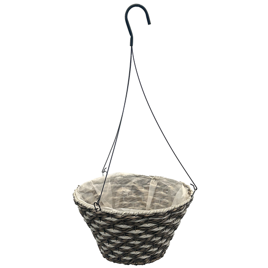 Flat bottom circular basket with interwoven tan and brown mixed resin rope