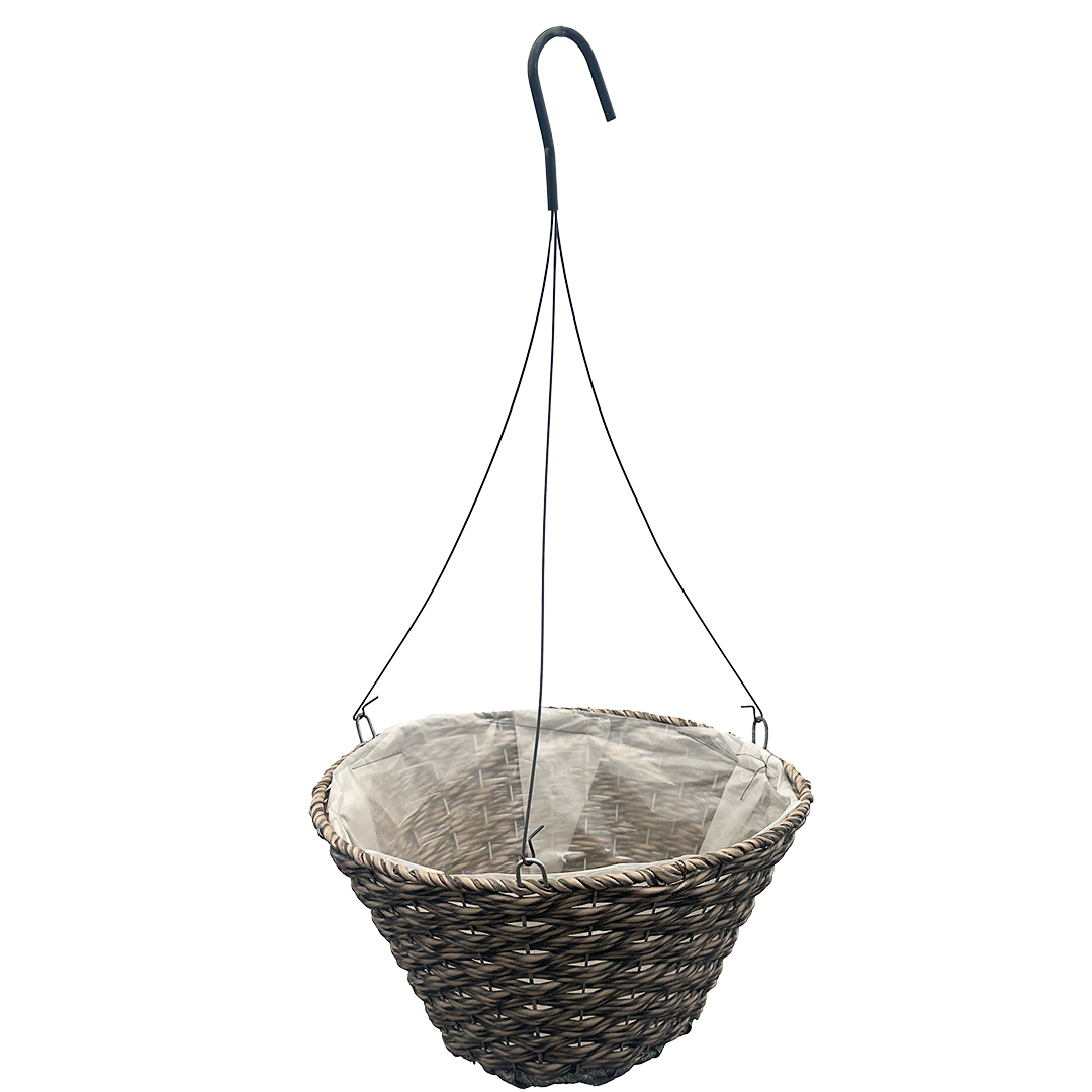 Round hanging basket with a mix of tan and dark brown resin intertwined with a heavy duty hanger 