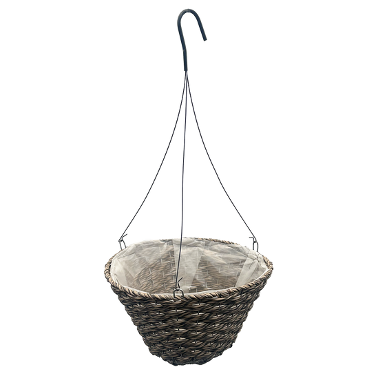 Round hanging basket with a mix of tan and dark brown resin intertwined with a heavy duty hanger 