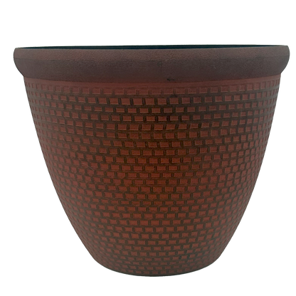 Terra-cotta colored plastic pot with black paint brushed 