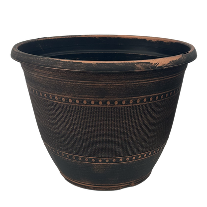 Black pot with brushed warm copper paint. Top is a solid with a circle pattern then a basket weave in between another circle band with a solid bottom