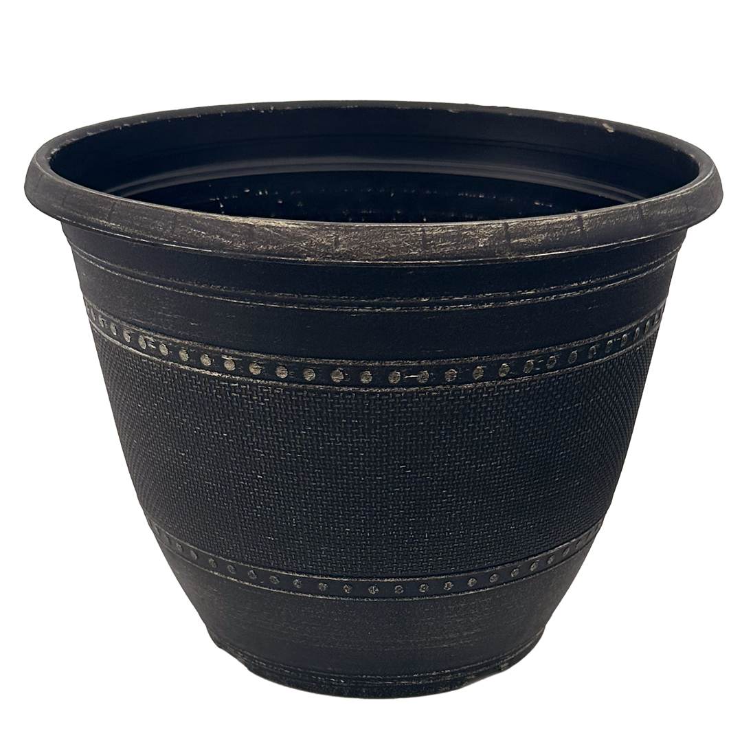 Black pot with brushed Champaign paint. Top is a solid with a circle pattern then a basket weave in between another circle band with a solid bottom