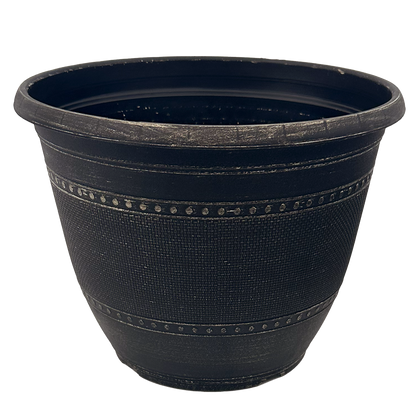 Black pot with brushed Champaign paint. Top is a solid with a circle pattern then a basket weave in between another circle band with a solid bottom