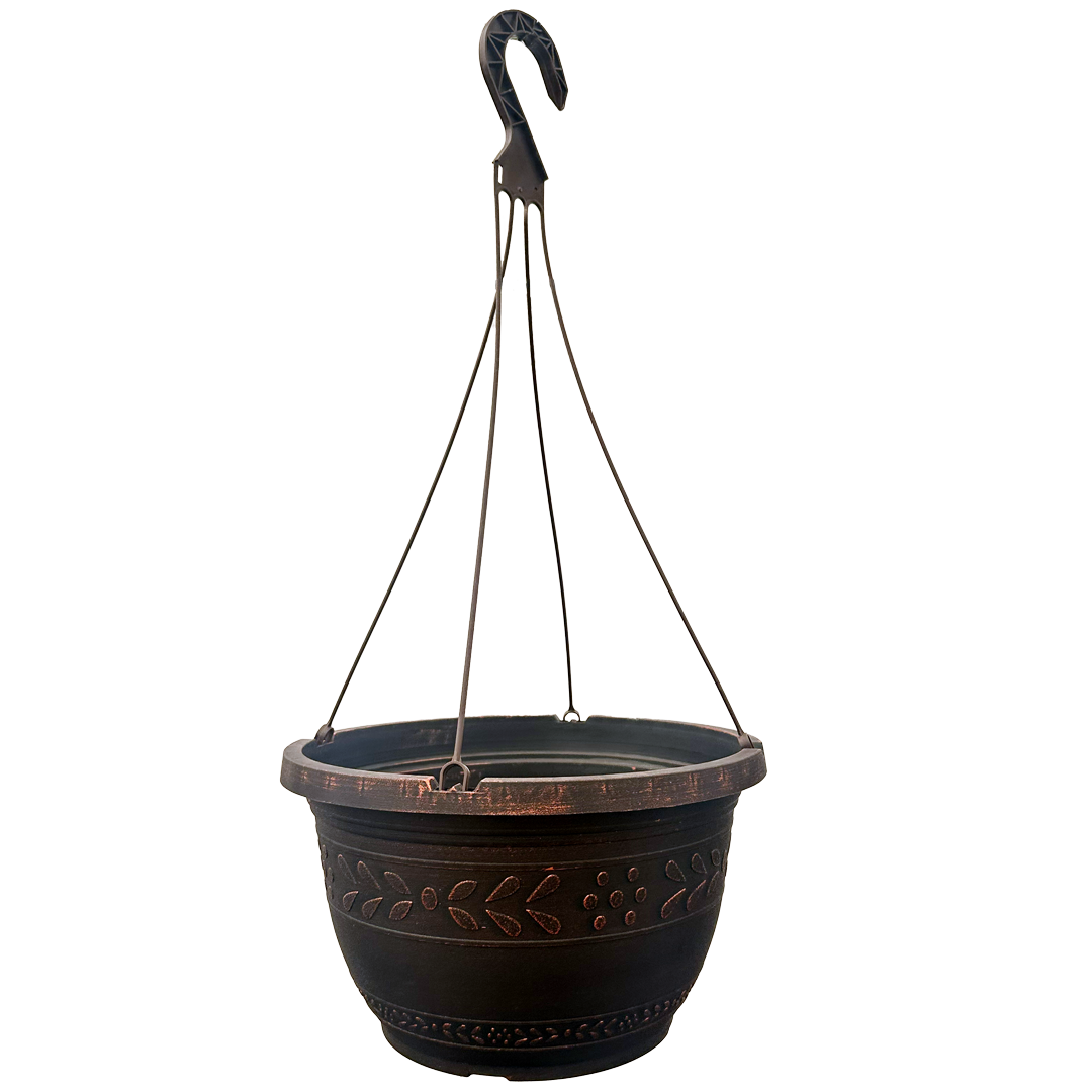 Black hanging basket with brushed copper paint