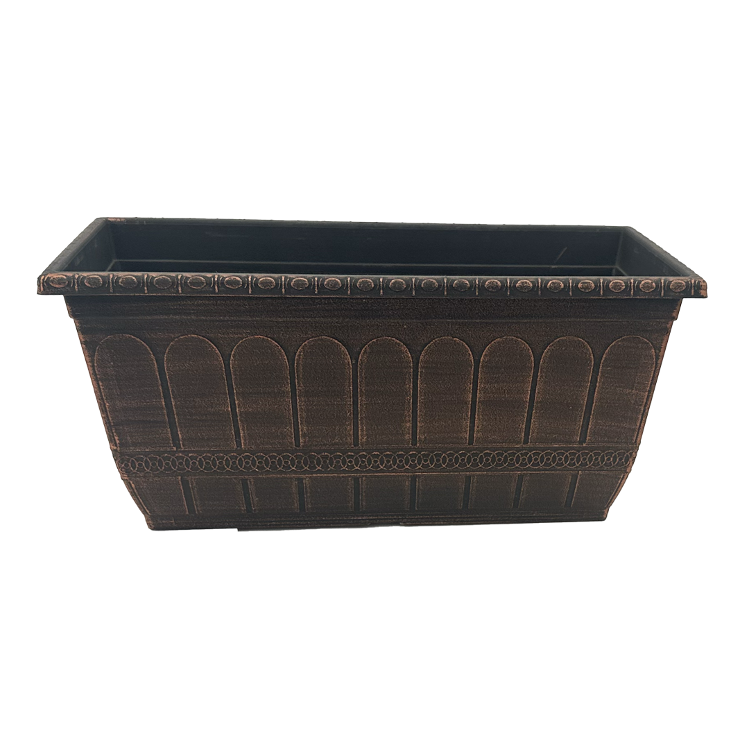 Black Rectangular deck/window box that is brushed with copper paint with a scalloped pattern and interlocking circles band