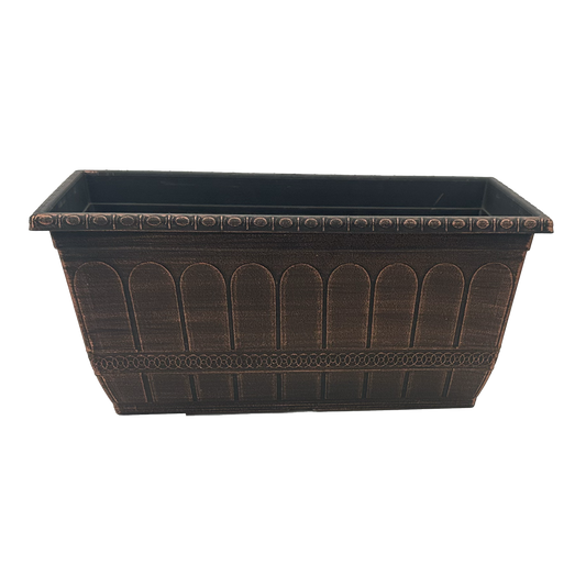 Black Rectangular deck/window box that is brushed with copper paint with a scalloped pattern and interlocking circles band