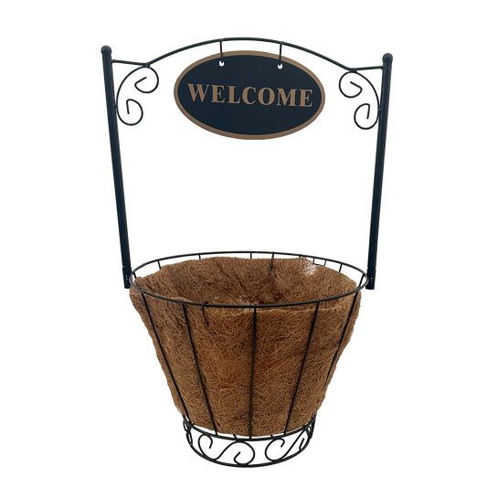 Black welcome planter with cocoliner basket