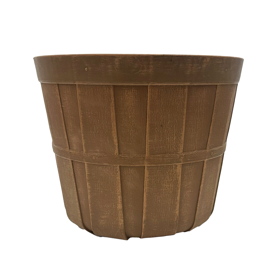 Plastic brown planter made to look like a bushel basket 