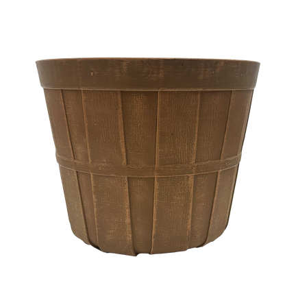 Plastic brown planter made to look like a bushel basket 