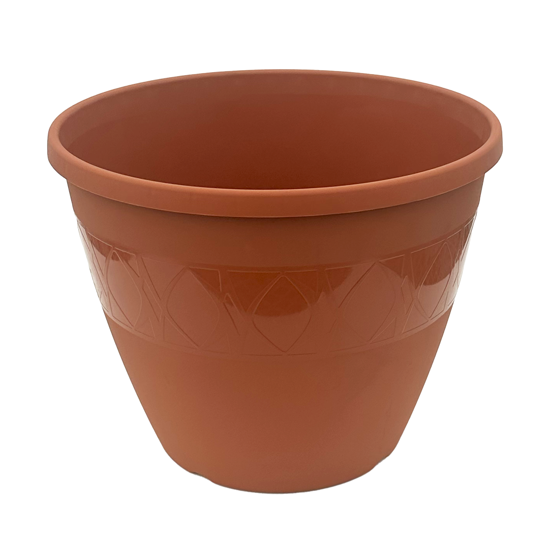 Plastic terra-cotta colored pot with abstract leaf band  