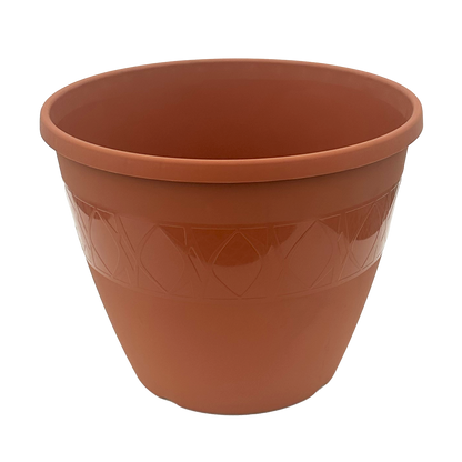 Plastic terra-cotta colored pot with abstract leaf band  