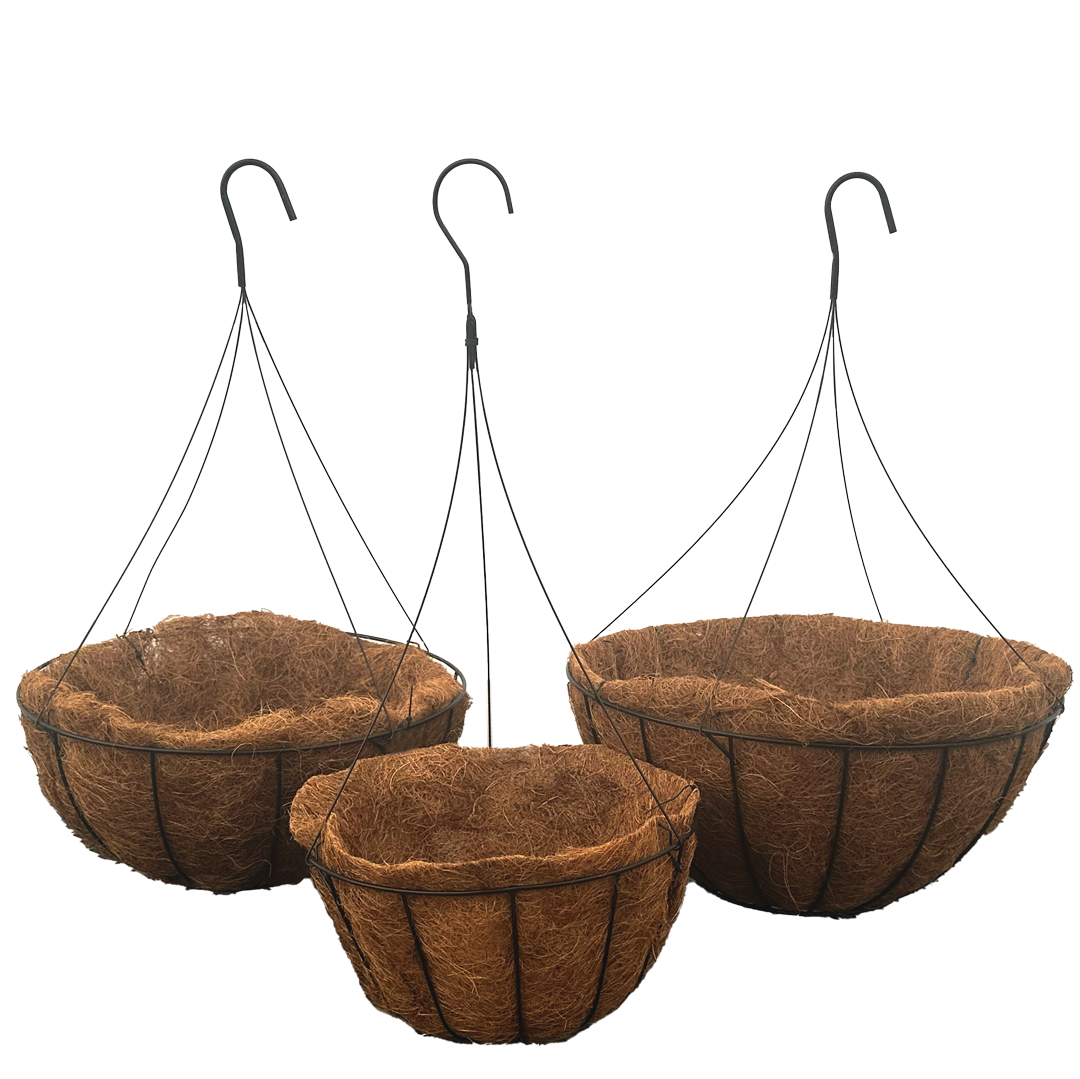 Group of black metal baskets with cocoliner 