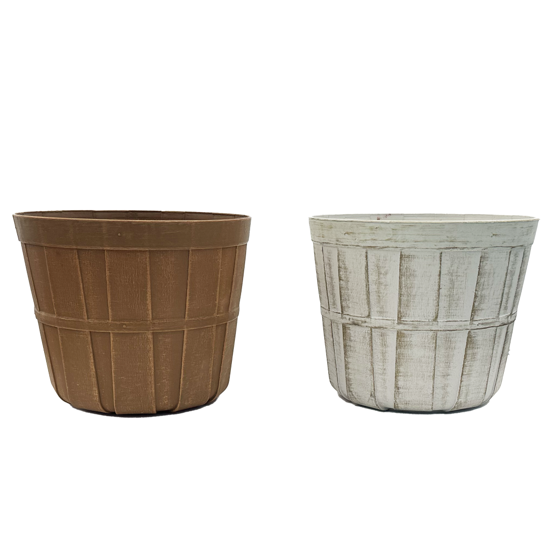 Two plastic pots that look like bushel baskets. One is brown while the other is a white distressed painted 