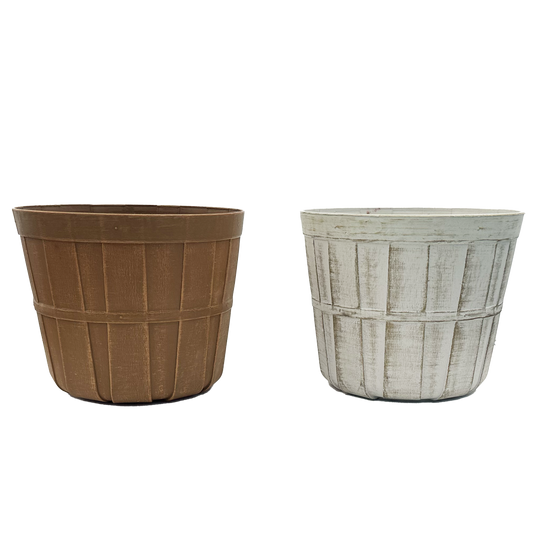 Two plastic pots that look like bushel baskets. One is brown while the other is a white distressed painted 