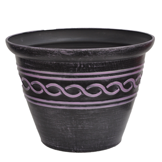 Black pot with brushed purple paint and interlocking circle band in between two solid bands towards middle of pot