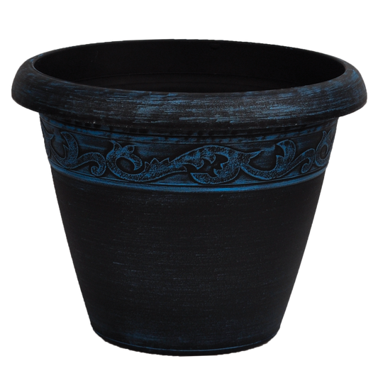 Black pot with brushed blue paint and ornate band towards top of pot