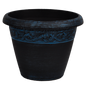 Black pot with brushed blue paint and ornate band towards top of pot