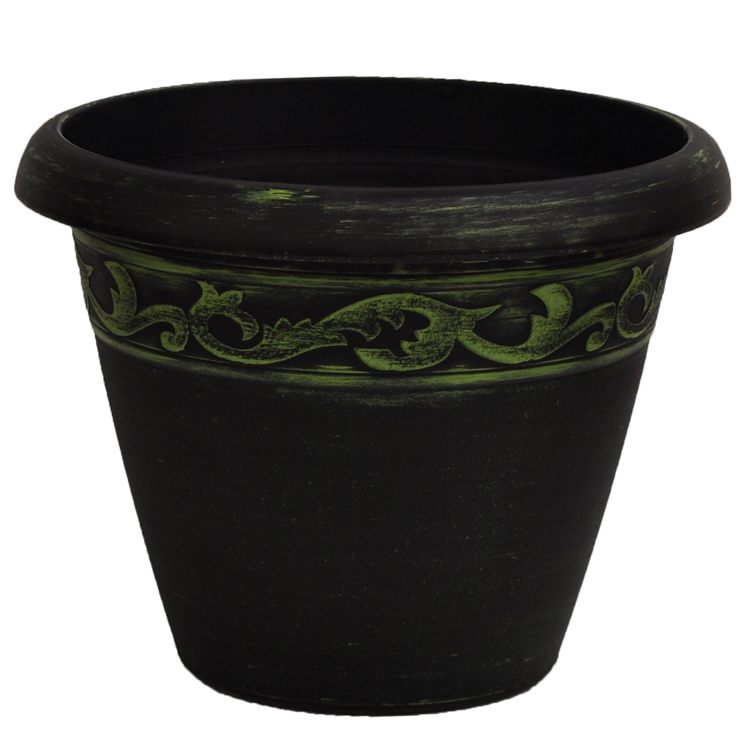 Black pot with brushed green paint and ornate band towards top of pot