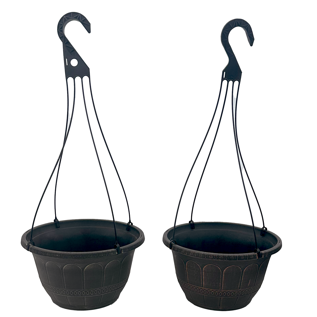 Two black scalloped hanging baskets. One is copper brushed and the is Brushed Champagne