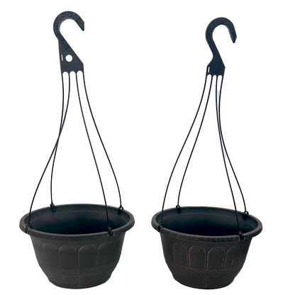 Two black scalloped hanging baskets. One is copper brushed and the is Brushed Champagne