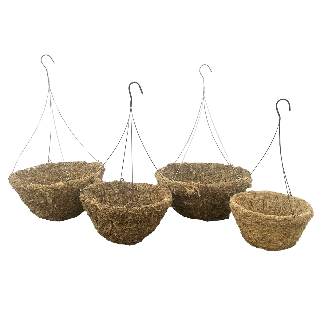 Four metal baskets that are covered with sphagnum moss