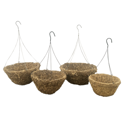 Four metal baskets that are covered with sphagnum moss