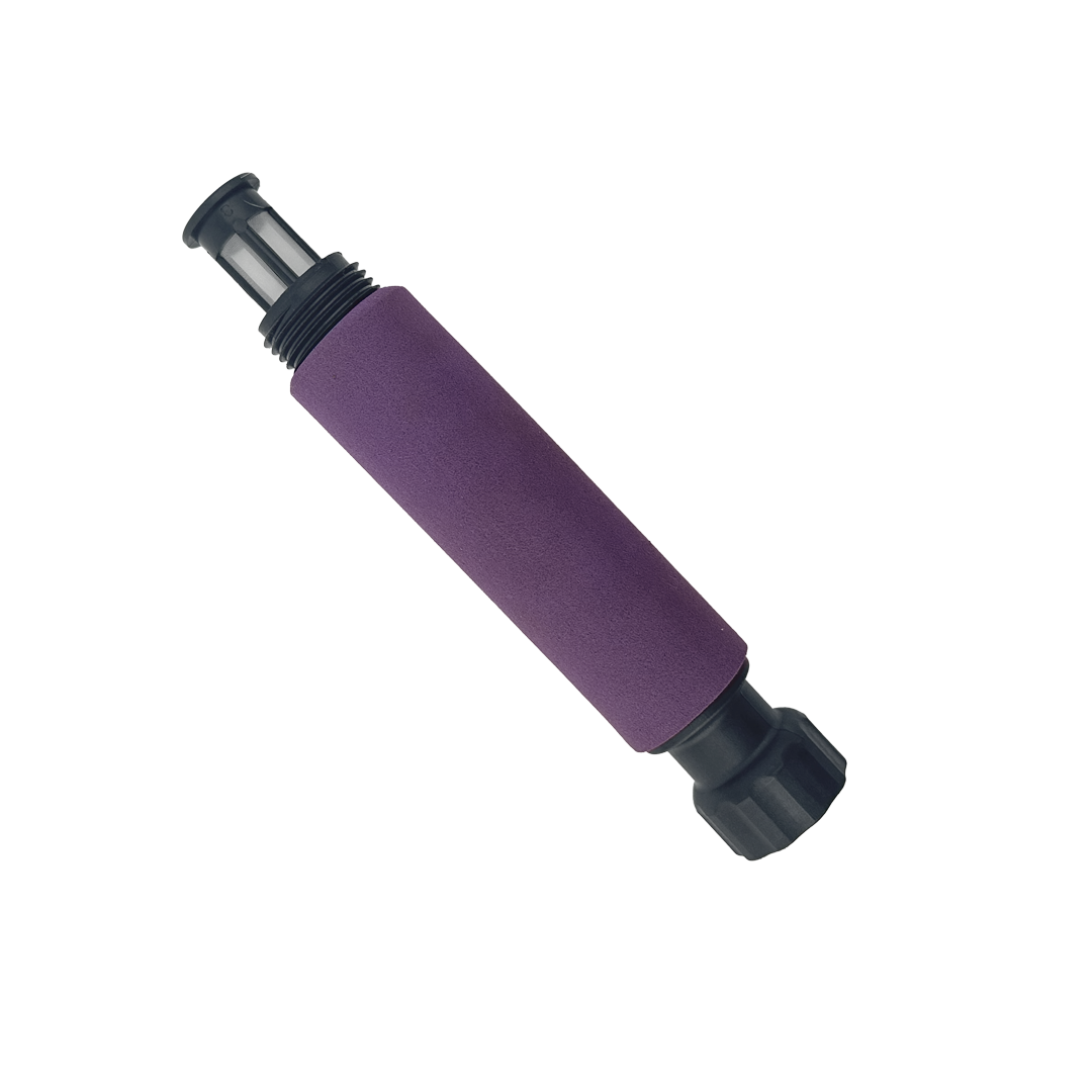 Purple foam grip with plastic fine mesh strainer poking out of the top