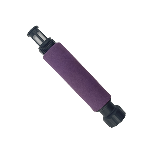 Purple foam grip with plastic fine mesh strainer poking out of the top