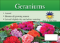 Geranium sign with three facts and sun needs