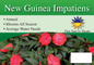 New Guinea Impatiens sign with three facts and sun needs