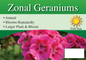 Zonal Geraniums sign with three facts and sun needs